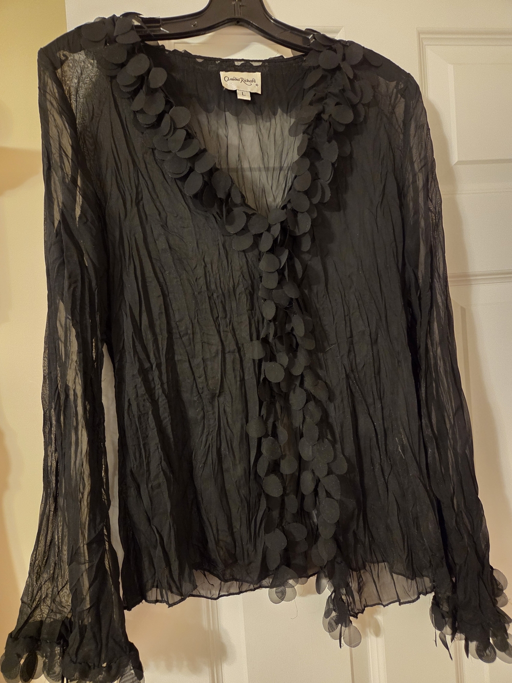 Claudia Richard Black Sheer Ruffle-Trim V-Neck Blouse
